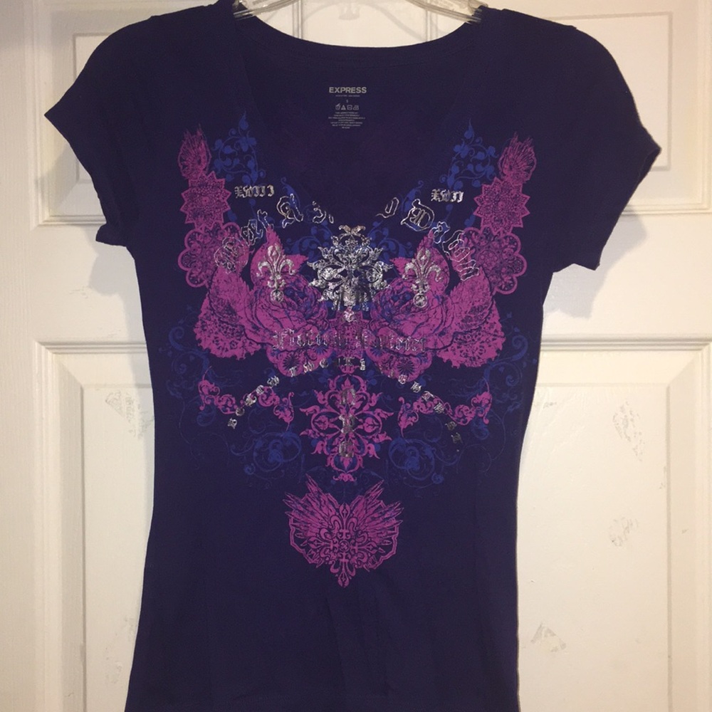 Express Purple Graphic Vneck Fitted Tee Shirt